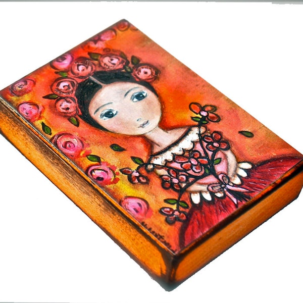 Girl with Flowers - Aceo giglee print mounted on wood 2.5 x 3.5 inches