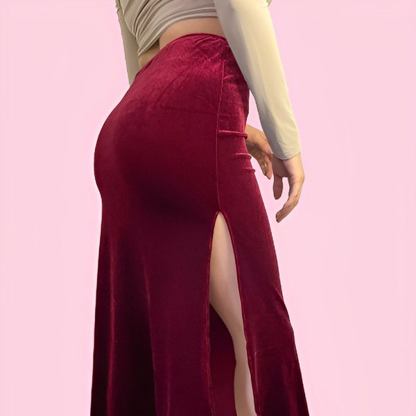 Velvet burgundy Tango skirt, double side splits, lettuce trim detail - Milonga Skirt - Gonna Tango