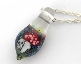 Deadly Mushroom Necklace Fly Agaric Poison Amanita Muscaria Teardrop gothic skull lampwork murano glass art sterling silver Mandy Ramsdell