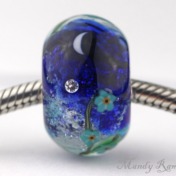 Pet Cremation Memorial Bead Forget Me Nots Moon Paw Print Cremains Jewelry Glass Art Mandy Ramsdell Pet Ashes Keepsake Charm Bead