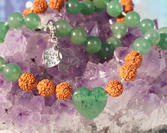 Mala "Protection & Serenity", prayer beads with aventurine beads and rudrakshas