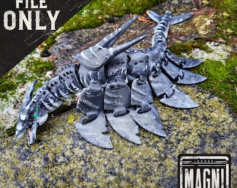 May include: A detailed, articulated model of a sea serpent, primarily gray with textured patterns. The model has a long, segmented body, fins, and a detailed head with green eyes. The text "DIGITAL FILE ONLY" is in the upper left corner.