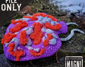 May include: A 3D printed model of a purple and orange creature with a textured surface. The creature has a large, round body with several legs and a long tail. The model is printed in a high-resolution detail and is perfect for tabletop gaming or as a decorative piece.