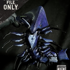 May include: A detailed, dark blue model of a creature with multiple legs and a segmented body. The model has a textured surface and a prominent headpiece. The text "DIGITAL FILE ONLY" is visible in the upper left corner.