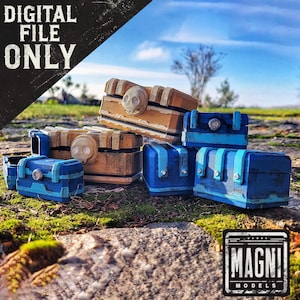 May include: Several small, decorative treasure chests in shades of blue and brown are arranged on a stone surface. Some chests have skull-shaped accents. The image includes the text "DIGITAL FILE ONLY" and the logo for MAGNI MODELS.
