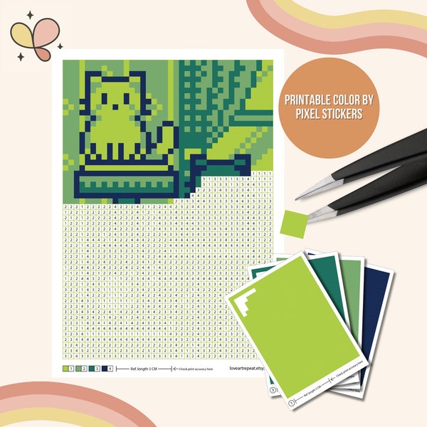 Printable Color by Number Pixel Stickers Kawaii Cat Retro Game Console Art Nostalgic DIY Digital Adult Craft Kit Cute Mosaic Paint by Number