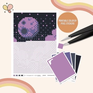 May include: Printable color by pixel stickers craft kit featuring a purple and blue moon in a dark space. The kit includes four sticker sheets with different colors and a gridded sheet with numbers to guide placement.