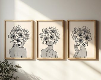 Flower Head Woman Wall Art Print Set of 3 Trendy Retro Aesthetic Printable Poster Sketch Artwork Bedroom Living Room Decor Lady Line Drawing