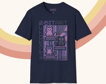 Purple Kawaii Cats Retro Pixel Art 2-Bit Game Art Tee Nostalgic 90's Aesthetic Old School Trendy Unisex Softstyle Cotton T-Shirt for Her