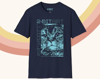 Blue Cat Retro Pixel Art 2-Bit Game Art Tee Nostalgic 90's Aesthetic Old School Trendy Unisex Softstyle Cotton T-Shirt for Him Gamers