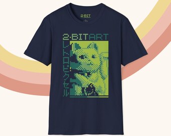 Green Lucky Cat Pixel Art 2-Bit Game Art Tee Nostalgic 90's Aesthetic Old School Trendy Unisex Softstyle Cotton T-Shirt for Him Gamers