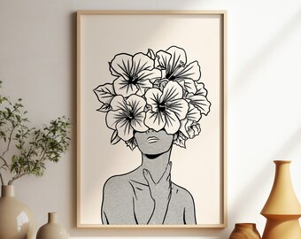 Flower Head Woman Wall Art Print Trendy Retro Aesthetic Printable Poster Hand-drawn Sketch Artwork Bedroom Living Room Decor Line Drawing