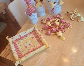 Patchwork, cucito, galline, Pasqua, decorazioni murali, uova, tulipani, fiori