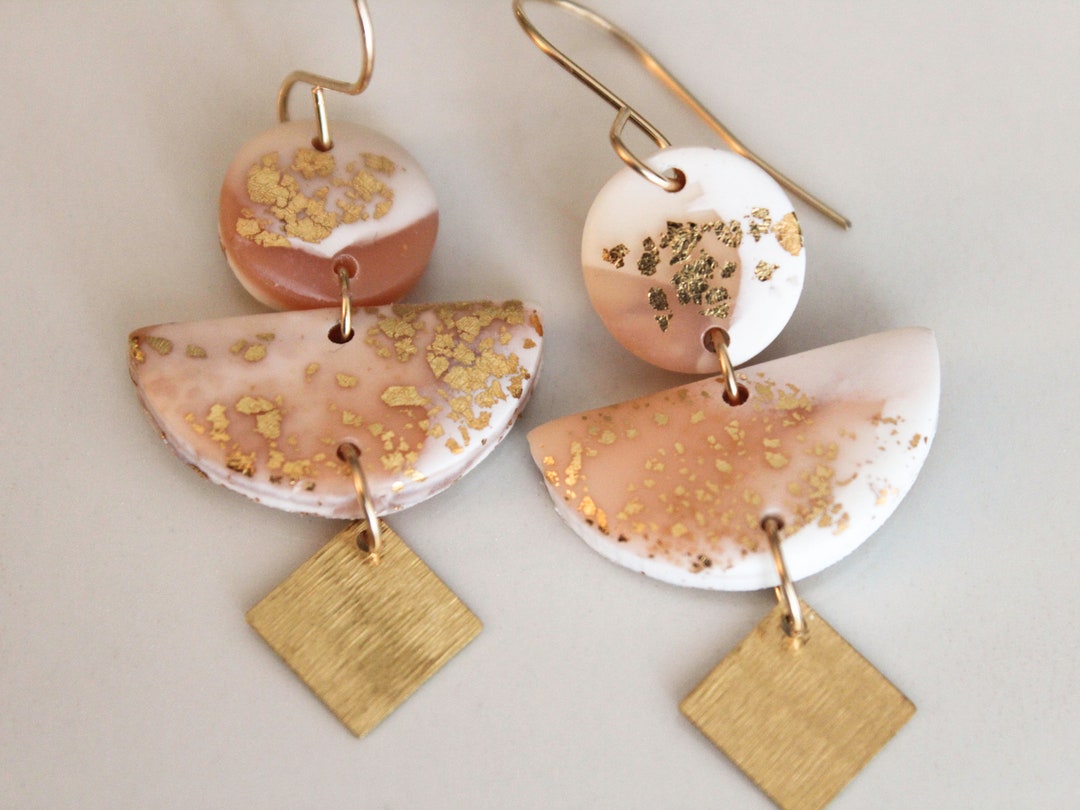 COLIBRI Earrings. White, Pink and Gold leaf Polymer Clay statement