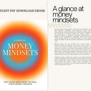 May include: A guide on money mindsets for those who want to heal their money wounds. The cover features a vibrant orange and blue gradient with the text "A Guide on Money Mindsets" in white.