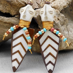 Zulu Tribal Earrings: Artisan Clay Face Beads, Batik Bone Shields