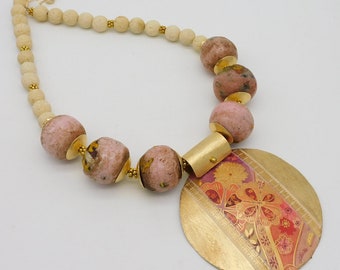 JAPANESE GARDEN - Handmade Japanese Washi Paper and Brass Pendant - Unique Handmade African Krobo Beads  Natural Coral Statement Necklace