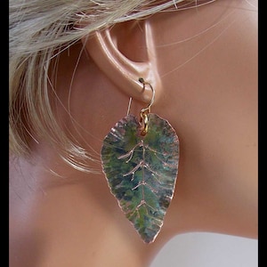 COPPER LEAVES Handforged Patinated Engraved Copper Leaf Earrings image 3