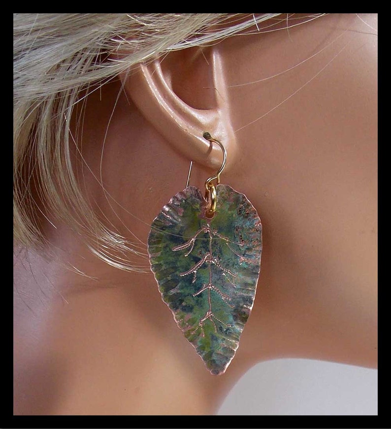 COPPER LEAVES Handforged Patinated Engraved Copper Leaf Earrings image 3