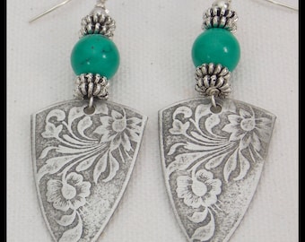 FRIDA'S FLOWERS - Turquoise - Handforged Embossed Antiqued Pewter Dramatic Statement Earrings