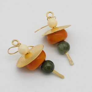 ASIAN WALKING STICKS Elegant Jade and Mixed Beads Handforged Brass Caps and Sticks Statement Earrings image 2