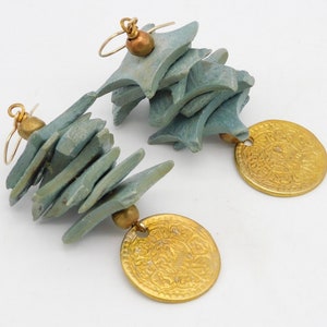 LHASA Tibetan Coins Handcut Coconut Shell Stacked Beads Very Dramatic Statement Earrings image 3