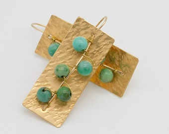 Handforged Hammered Bronze Earrings with Green Opal & 14KT GF