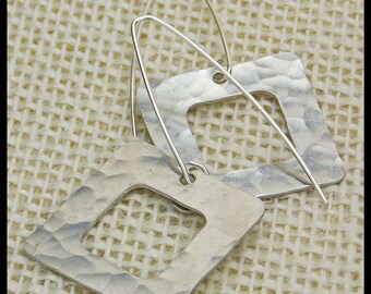 LALA - Handforged Hammered Pewter Squares - Handforged Sterling Silver Long French Wire Earrings