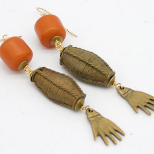HANDMADE AFRICAN Beads - Bronze Hands - Long Exotic Tribal Style Earrings