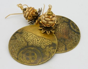 ETCHED BRASS - Vintage Handcarved Chinese Bone Beads -  Stacked Fancy  Beadcaps - 1 of a Kind Fab Statement Earrings