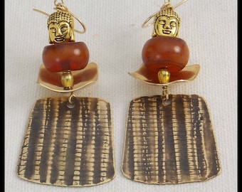 BAMBOO - Handforged Bronze - Handmade African Beads - Golden Buddhas - Long Statement Earrings