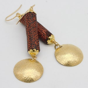 CHANLINA Handmade Cambodian Terracotta Tube Beads Handforged Brass Domes Elegant Long Earrings image 4