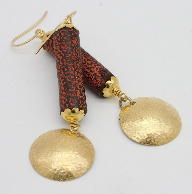 CHANLINA Handmade Cambodian Terracotta Tube Beads Handforged Brass Domes Elegant Long Earrings image 4