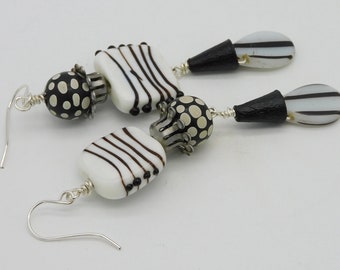 BLACK and WHITE - Asymmetrical Mod Black and White Glass Beads Long 1 of a Kind Earrings