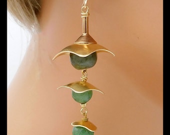 Handforged Jade and Bronze 3 Section Statement Earrings