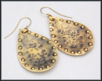 BRONZE ANTIQUITIES - Handforged Hammered Dimpled Antiqued Bronze & 14KT Goldfill Earrings