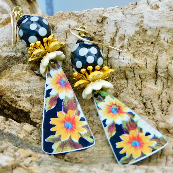 SUNFLOWERS - Tin Charms - Handmade Porcelain Beadcaos - Fancy Enameled Beadcaps - Skunk Trade Beads - 1 of a Kind Earrings