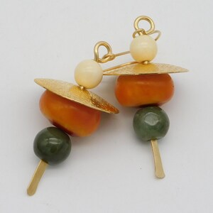 ASIAN WALKING STICKS Elegant Jade and Mixed Beads Handforged Brass Caps and Sticks Statement Earrings image 1