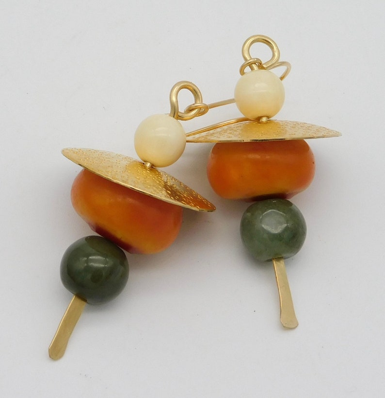 ASIAN WALKING STICKS Elegant Jade and Mixed Beads Handforged Brass Caps and Sticks Statement Earrings image 1