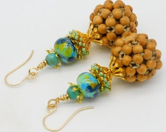 QUEENLY - Woven Wooden Beads - Artisan Lampwork - Turquoise - Stacks of Golden Brass and Enameled Fancy Beadcaps - Unique OOAK Earrings