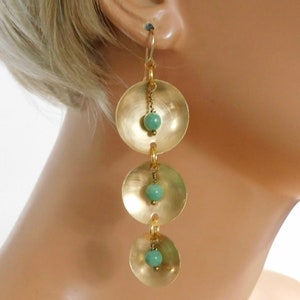 OPALS - Handforged Domed Bronze Discs - Green Opals - Long Statement Earrings