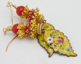 FIESTA - Enameled Copper Drops - Red Coral - Enameled & Golden Beadcaps - Colorful Long Dangly Earrings