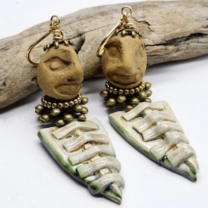 RUSTIC FACES - Artisan Stoneware Faces - Artisan Ceramic Charms - 1 of a Kind Statement Tribal Style Earrings