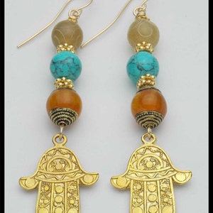 GOLDEN HAMSA - Tibetan Beads - Golden Hamsa - Long Exotic Earrings