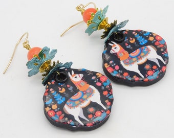 LITTLE LLAMAS - Handmade Ceramic Llama Drops - Coral Beads and Stacks of Fancy Handpainted Spacers and Beadcaps - 1 of a Kind Earrings