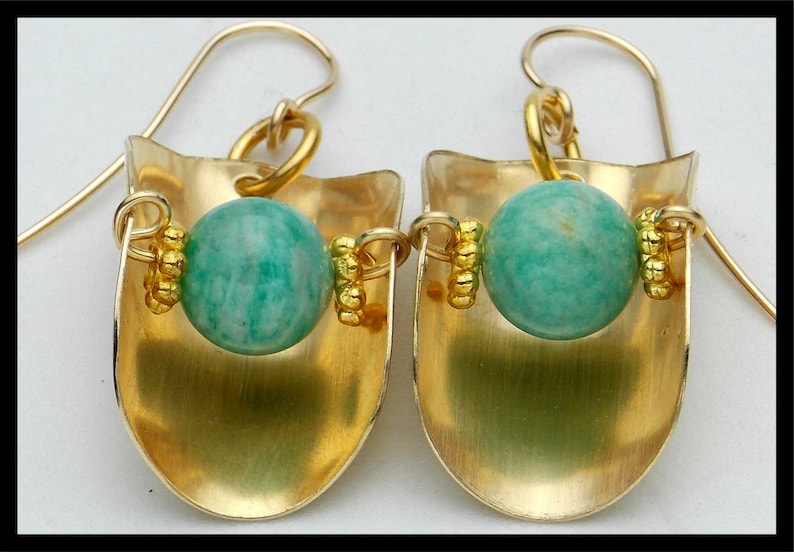 GOLDEN BASKETS Handforged Bronze and Amazonite Vertical Basket Earrings image 2