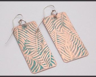 Weathered FERN FRONDS - Handforged Patinated Embossed Copper & 14Kt Gf Earrings