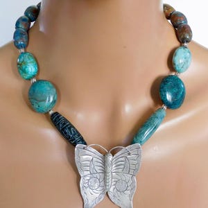 STERLING BUTTERFLY - Handmade Butterfly - Natural Turquoise - TibetanAgate - Handmade Bali Silver Beads - 1 of a Kind Statement Necklace