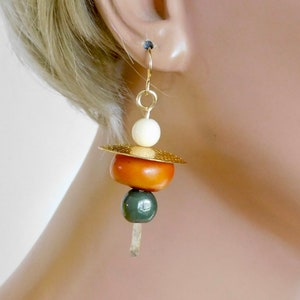 ASIAN WALKING STICKS Elegant Jade and Mixed Beads Handforged Brass Caps and Sticks Statement Earrings image 5