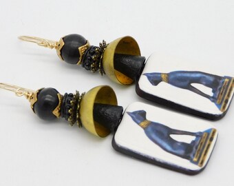 EGYPTIAN CATS - Handmade Custom Ceramic Drops - Vintage Beadcaps - Handcarved Black Horn Beads - Gorgeous Egyptian Themed Earrings